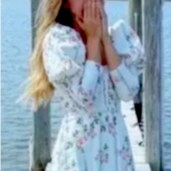 For Love & Lemons x Free People XS 0/2 Ivory Pink Floral Stripe Puff Sleeve Midi - Picture 12 of 15